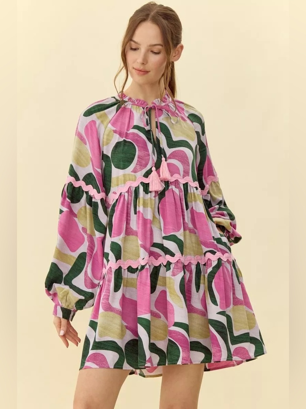 #309 JODIFL Pink Green Olive Patterned Tiered Mini Dress